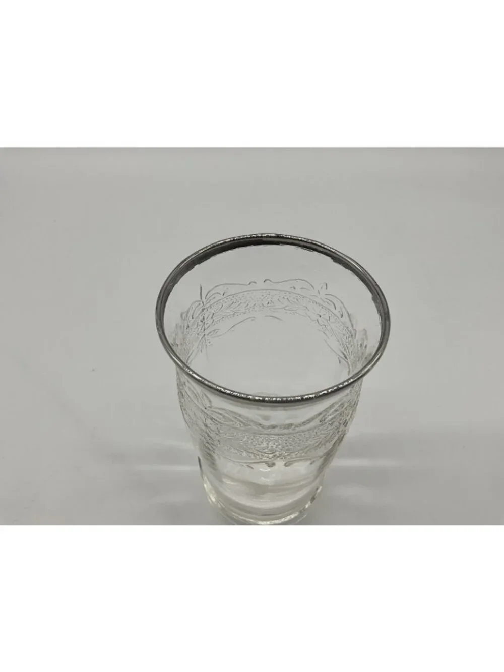 MacBeth -Evans Strippled Rose Band Clear Depression Glass Tumbler w/silver Rim
